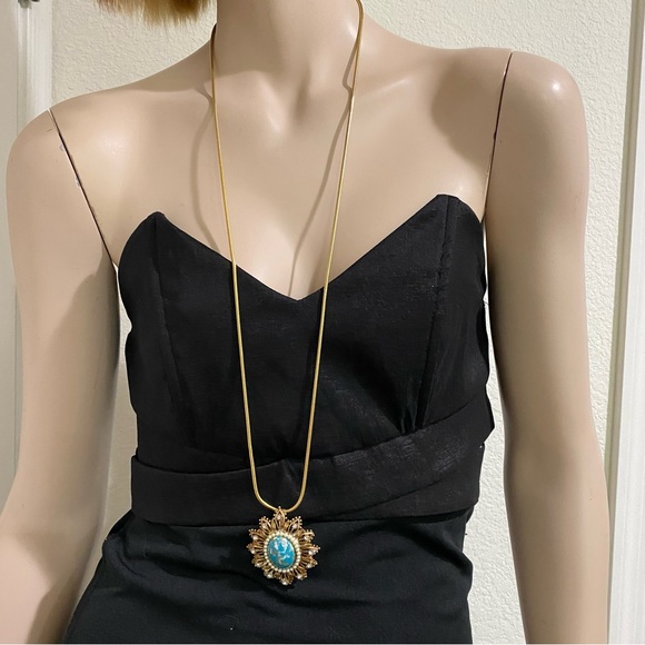 Vintage Cabochon Pearl Rhinestones Sunburst Pendant Round Snake Chain Necklace - Picture 3 of 12